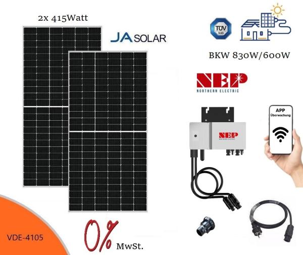 Balkonkraftwerk 600W / 830 Watt - Nep BDM-600 + 2x 415Watt Solarpanel JA Solar - Sofort verfügbar - Markenqualität - DE Händler - VDE-4105